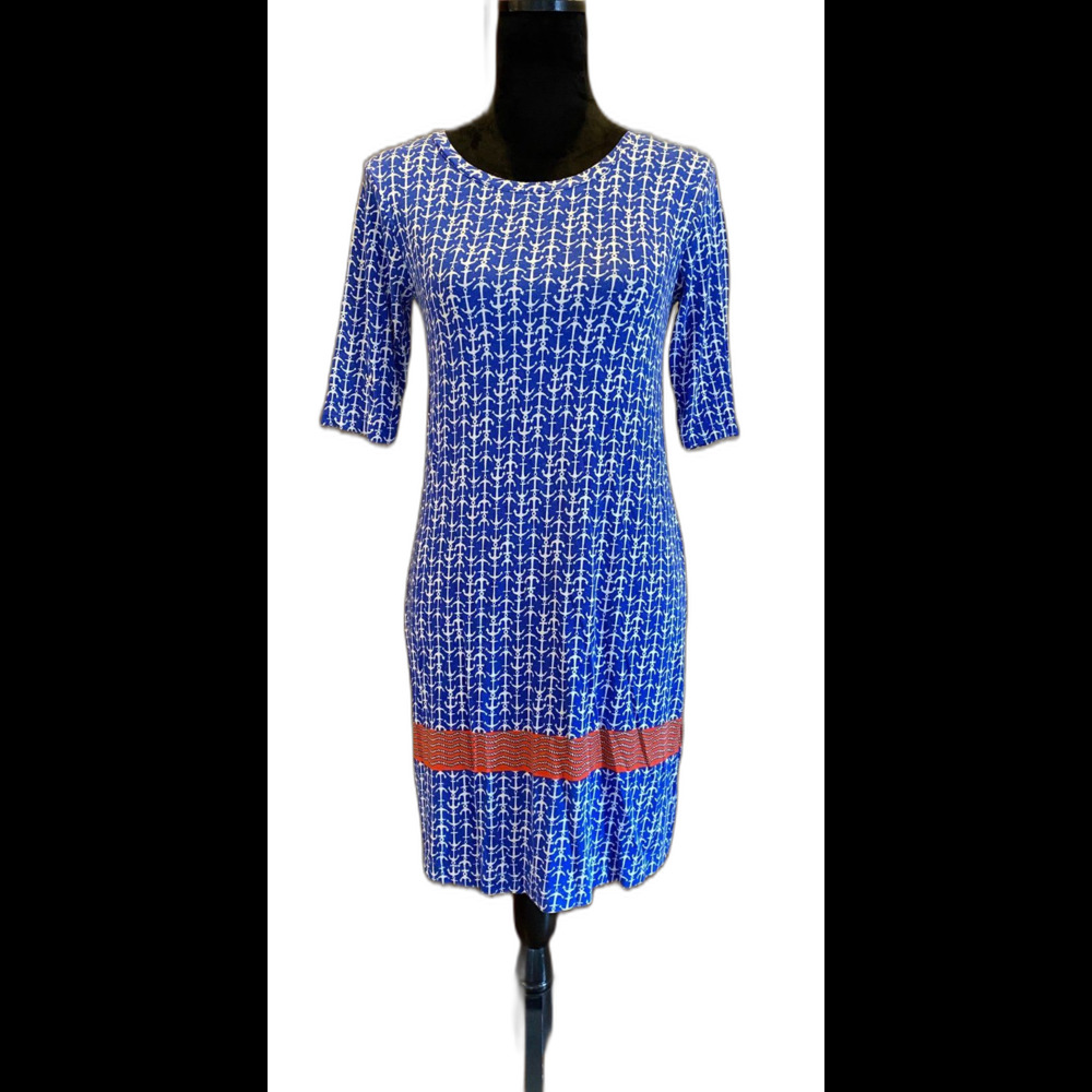 Antibes‎ Blanc Royal Blue w/ anchor Pattern Stretchy 3/4 Sleeve Size Small Dress